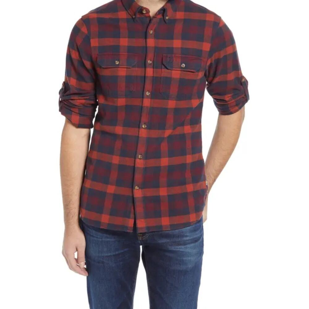 Fjällräven Skog Plaid Long Sleeve Button-Down Flannel Shirt Navy Red Men's L